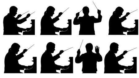 Black Solid Pianist Conducting Band Silhouettes Set of Six on White Background isolated on plain white background.のイラスト素材
