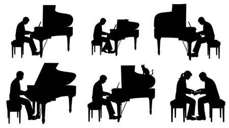 Black Solid Pianist With Cat Silhouettes Set of Six on White Background isolated on plain white background.のイラスト素材