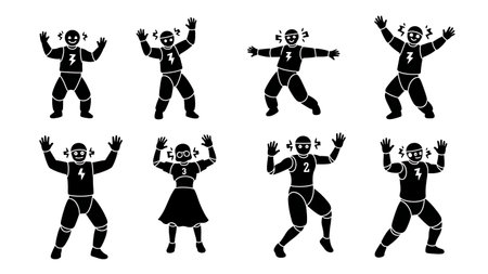 Black Solid Robot Wave Silhouettes Set of Six on White Background isolated on plain white background.のイラスト素材