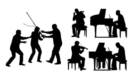 Black Solid Pianist Falling Mic Silhouettes Set of Six on White Background isolated on plain white background.のイラスト素材