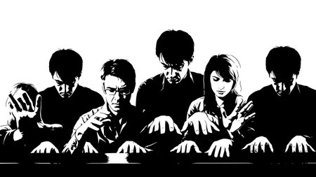Black Solid Pianist Concentration Silhouettes Set of Six on White Background isolated on plain white background.のイラスト素材