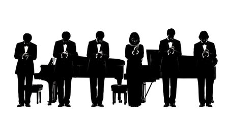 Black Solid Pianist Acknowledging Applause Silhouettes Set of Six on White Background isolated on plain white background.のイラスト素材