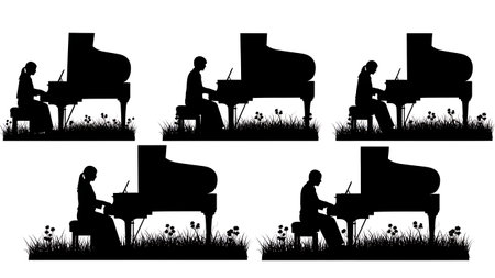 Black Solid Outdoor Nature Pianist Silhouettes Set of Six on White Background isolated on plain white background.のイラスト素材