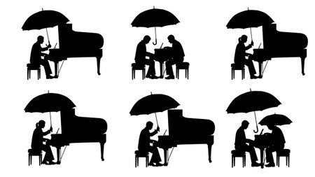 Black Solid Pianist Umbrella Rain Silhouettes Set of Six on White Background isolated on plain white background.のイラスト素材