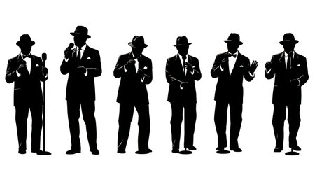 Black Solid Male Jazz Crooner Silhouettes Set of Six on White Background isolated on plain white background.のイラスト素材
