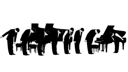 Black Solid Pianist Bowing Silhouettes Set of Six on White Background isolated on plain white background.のイラスト素材