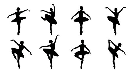 Black Solid Ballet Pique Turn Silhouettes Set of Six on White Background isolated on plain white background.のイラスト素材