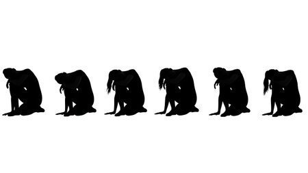 Black Solid Resting One Knee Pose Silhouettes Set of Six isolated on plain white background.のイラスト素材
