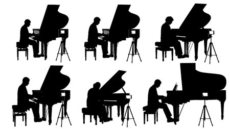 Black Solid Pianist Video Vlog Silhouettes Set of Six on White Background isolated on plain white background.のイラスト素材
