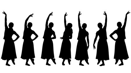 Black Solid One Arm Up Finish Pose Silhouettes Set of Six isolated on plain white background.のイラスト素材