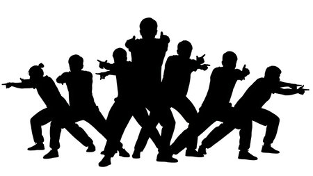 Black Solid Pointing Battle Gesture Silhouettes Set of Six isolated on plain white background.のイラスト素材