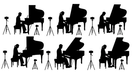 Black Solid Pianist Video Vlog Silhouettes Set of Six on White Background isolated on plain white background.のイラスト素材