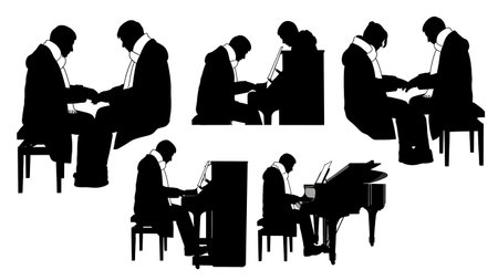 Black Solid Pianist Winter Coat Silhouettes Set of Six on White Background isolated on plain white background.のイラスト素材