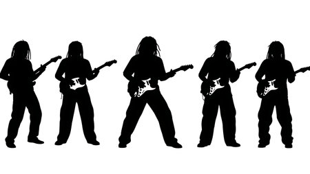 Black Solid Reggae Guitarist Silhouettes Set of Six on White Background isolated on plain white background.のイラスト素材