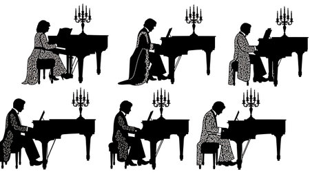 Black Solid Pianist Candelabra Silhouettes Set of Six on White Background isolated on plain white background.のイラスト素材
