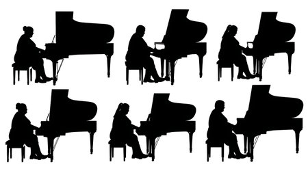 Black Solid Plus Size Pianist Silhouettes Set of Six on White Background isolated on plain white background.のイラスト素材