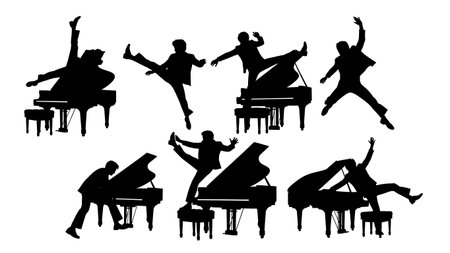 Black Solid Pianist Playing With Feet Silhouettes Set of Six on White Background isolated on plain white background.のイラスト素材