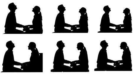 Black Solid Pianist Looking Up Silhouettes Set of Six on White Background isolated on plain white background.のイラスト素材