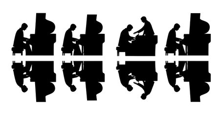 Black Solid Pianist Reflection Silhouettes Set of Six on White Background isolated on plain white background.のイラスト素材
