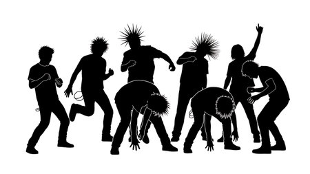 Black Solid Punk Mosh Silhouettes Set of Six on White Background isolated on plain white background.のイラスト素材
