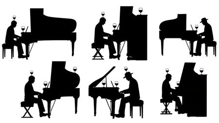 Black Solid Pianist Wine Glass Silhouettes Set of Six on White Background isolated on plain white background.のイラスト素材