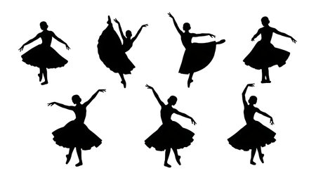 Black Solid Ballet Pirouette Spin Silhouettes Set of Six on White Background isolated on plain white background.のイラスト素材