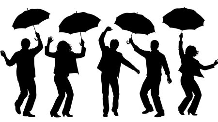 Black Solid Umbrella Dance Silhouettes Set of Six on White Background isolated on plain white background.のイラスト素材