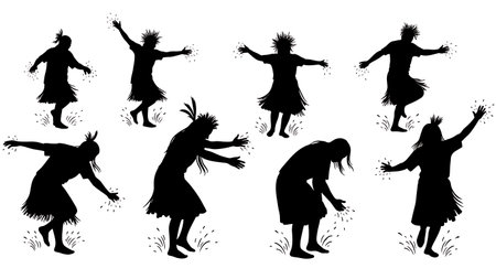 Black Solid Rain Dance Silhouettes Set of Six on White Background isolated on plain white background.のイラスト素材