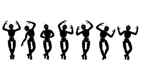 Black Solid Robot Dance Silhouettes Set of Six on White Background isolated on plain white background.のイラスト素材