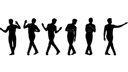 Black Solid Robot Walk Mechanical Silhouettes Set of Six isolated on plain white background.のイラスト素材