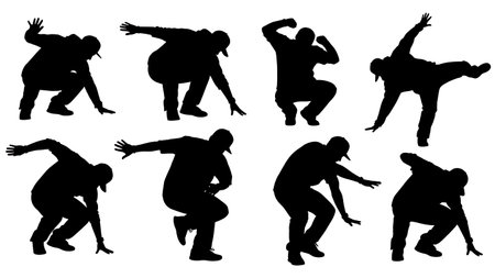 Black Solid Popping Locking Silhouettes Set of Six on White Background isolated on plain white background.のイラスト素材