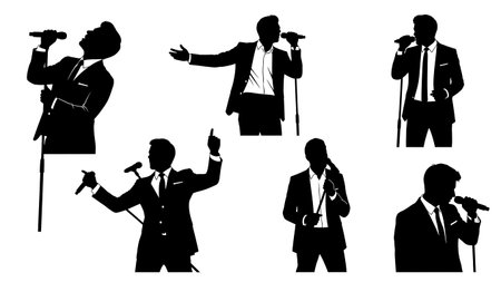 Black Solid Male Singer Suit Formal Silhouettes Set of Six on White Background isolated on plain white background.のイラスト素材