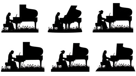 Black Solid Outdoor Nature Pianist Silhouettes Set of Six on White Background isolated on plain white background.のイラスト素材