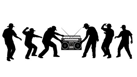 Black Solid Hip Hop Boombox Silhouettes Set of Six on White Background isolated on plain white background.のイラスト素材