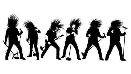 Black Solid Metal Singer Headbang Silhouettes Set of Six on White Background isolated on plain white background.のイラスト素材