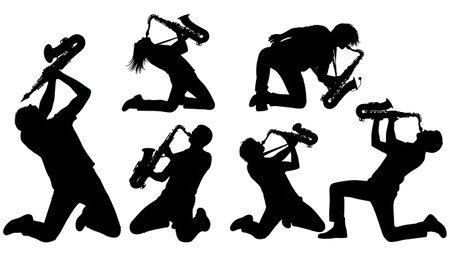 Black Solid Energetic Rock Saxophone Player Silhouettes Set of Six on White Background isolated on plain white background.のイラスト素材