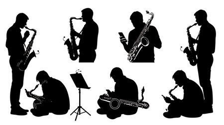 Black Solid Saxophone Player with Phone Silhouettes Set of Six on White Background isolated on plain white background.のイラスト素材