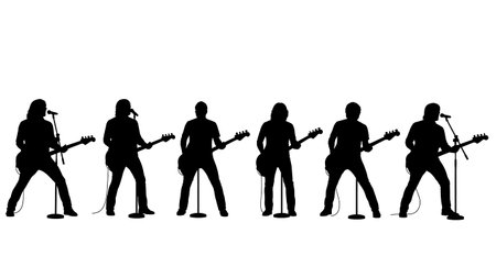 Black Solid Rock Singer Bass Guitar Silhouettes Set of Six on White Background isolated on plain white background.のイラスト素材