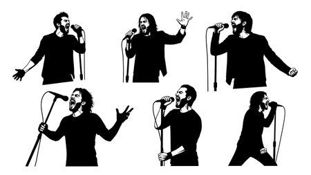 Black Solid Rock Singer Scream Action Silhouettes Set of Six on White Background isolated on plain white background.のイラスト素材