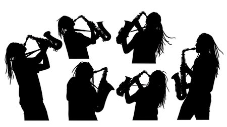 Black Solid Dreadlocks Saxophone Player Silhouettes Set of Six on White Background isolated on plain white background.のイラスト素材