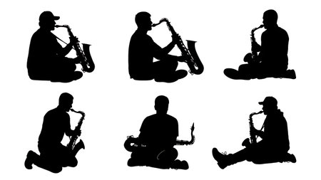 Black Solid Saxophone Held Low Silhouettes Set of Six on White Background isolated on plain white background.のイラスト素材