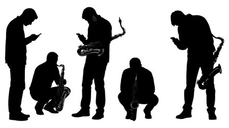 Black Solid Saxophone Player with Phone Silhouettes Set of Six on White Background isolated on plain white background.のイラスト素材