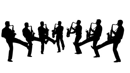 Black Solid Saxophone Kick Silhouette Set of Six on White Background isolated on plain white background.のイラスト素材