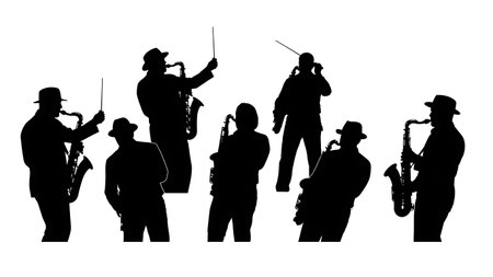 Black Solid Saxophone Conducting Silhouettes Set of Six on White Background isolated on plain white background.のイラスト素材