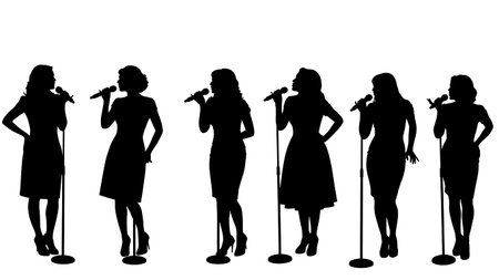 Black Solid Singer Blowing Kiss Silhouettes Set of Six on White Background isolated on plain white background.のイラスト素材