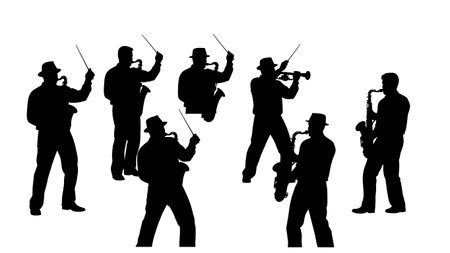 Black Solid Saxophone Conducting Silhouettes Set of Six on White Background isolated on plain white background.のイラスト素材