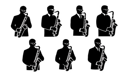 Black Solid Saxophone Player with Glasses Silhouettes Set of Six on White Background isolated on plain white background.のイラスト素材