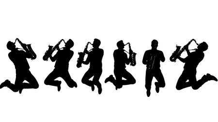 Black Solid Jumping Saxophone Player Silhouettes Set of Six on White Background isolated on plain white background.のイラスト素材