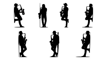Black Solid Leaning Saxophone Player Silhouettes Set of Six on White Background isolated on plain white background.のイラスト素材