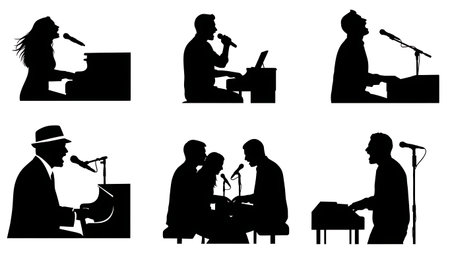 Black Solid Singer Playing Piano Silhouettes Set of Six on White Background isolated on plain white background.のイラスト素材